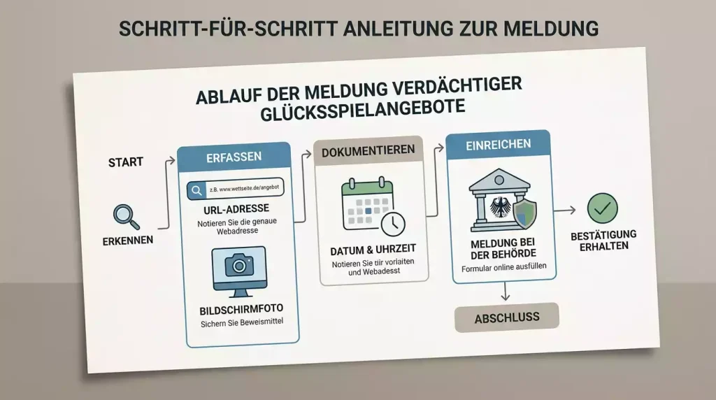 Übersichtlicher Meldeablauf mit Notiz, Screenshot-Symbol und Behördenschild