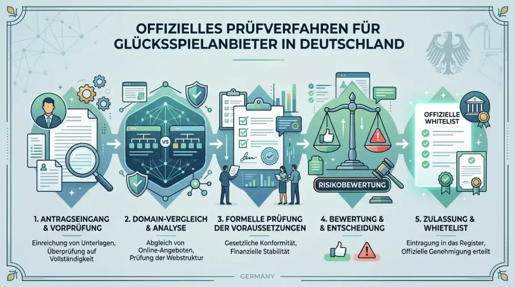 Schrittfolge für eine amtliche Anbieterprüfung mit Liste, Lupe und Warnhinweisen