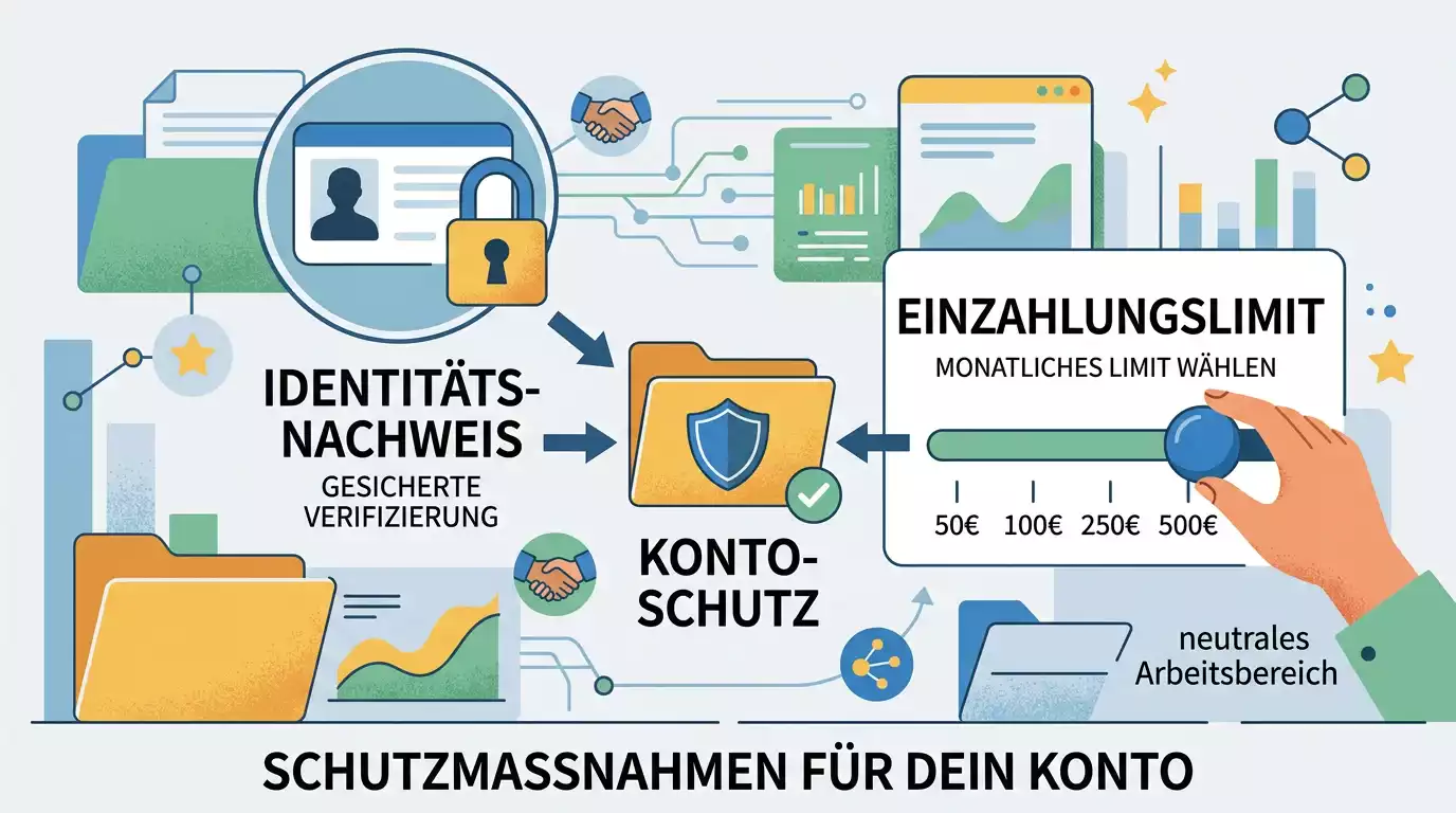 Sicheres Spielkonto mit Ausweisprüfung, Schloss und Limit-Symbol