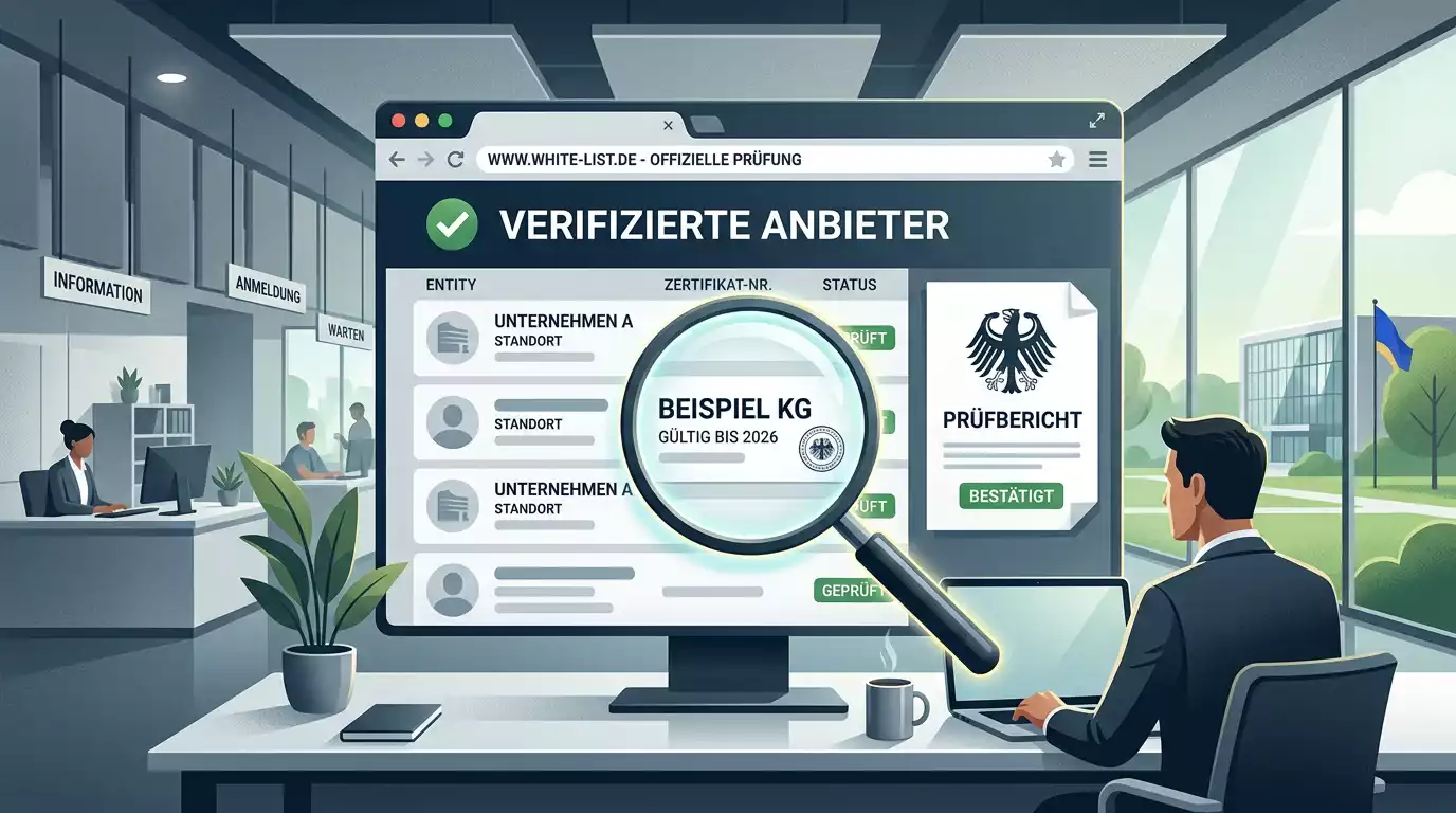 Abstrakte Liste zur amtlichen Anbieterprüfung mit Lupe und Prüfhaken