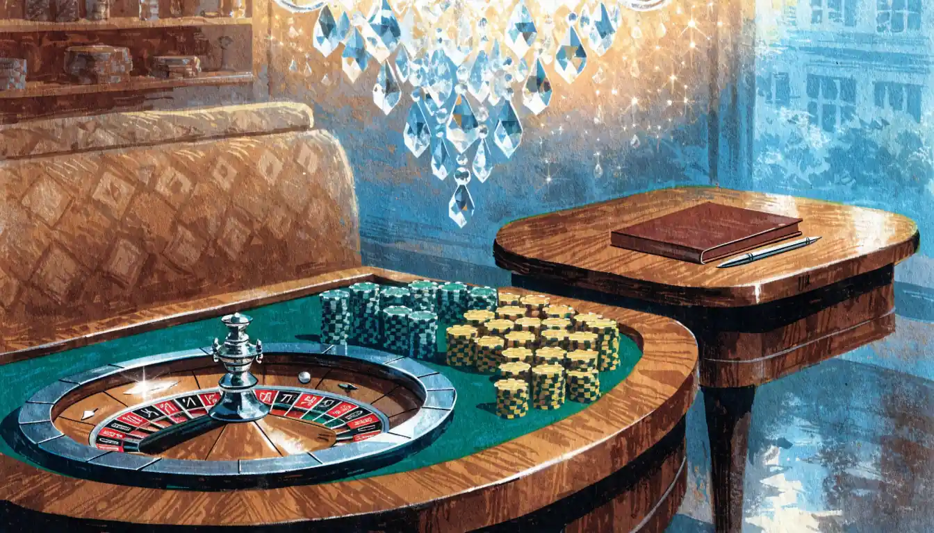 Stilvolle Casino-Lounge mit Roulette-Tisch, Chipstapeln und warmem Kronleuchterlicht