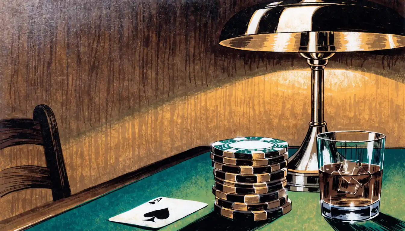 Goldene Casino-Chips und Spielkarte auf grünem Filztisch