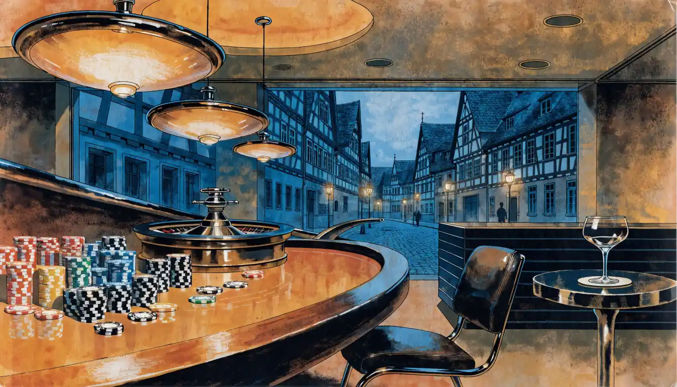 Gemütliche Casino-Lounge in Deutschland mit Spieltisch, Chips und Roulette unter warmem Licht.