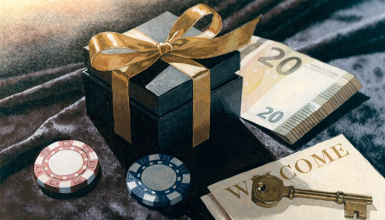 Geschenkbox mit 20-Euro-Schein und Casino-Chips auf dunklem Samt