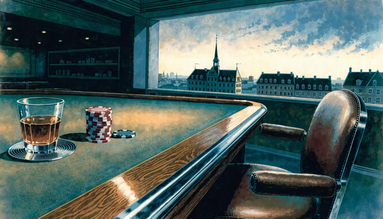 Gemütliche Casino-Lounge bei Abend mit Chipstapel auf Holztisch