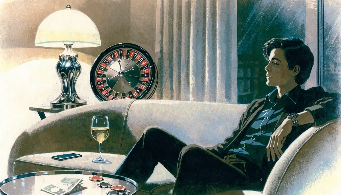 Gemütlicher Abend in einer deutschen Wohnung mit Smartphones, Euro-Geldscheinen und Roulette-Rad.