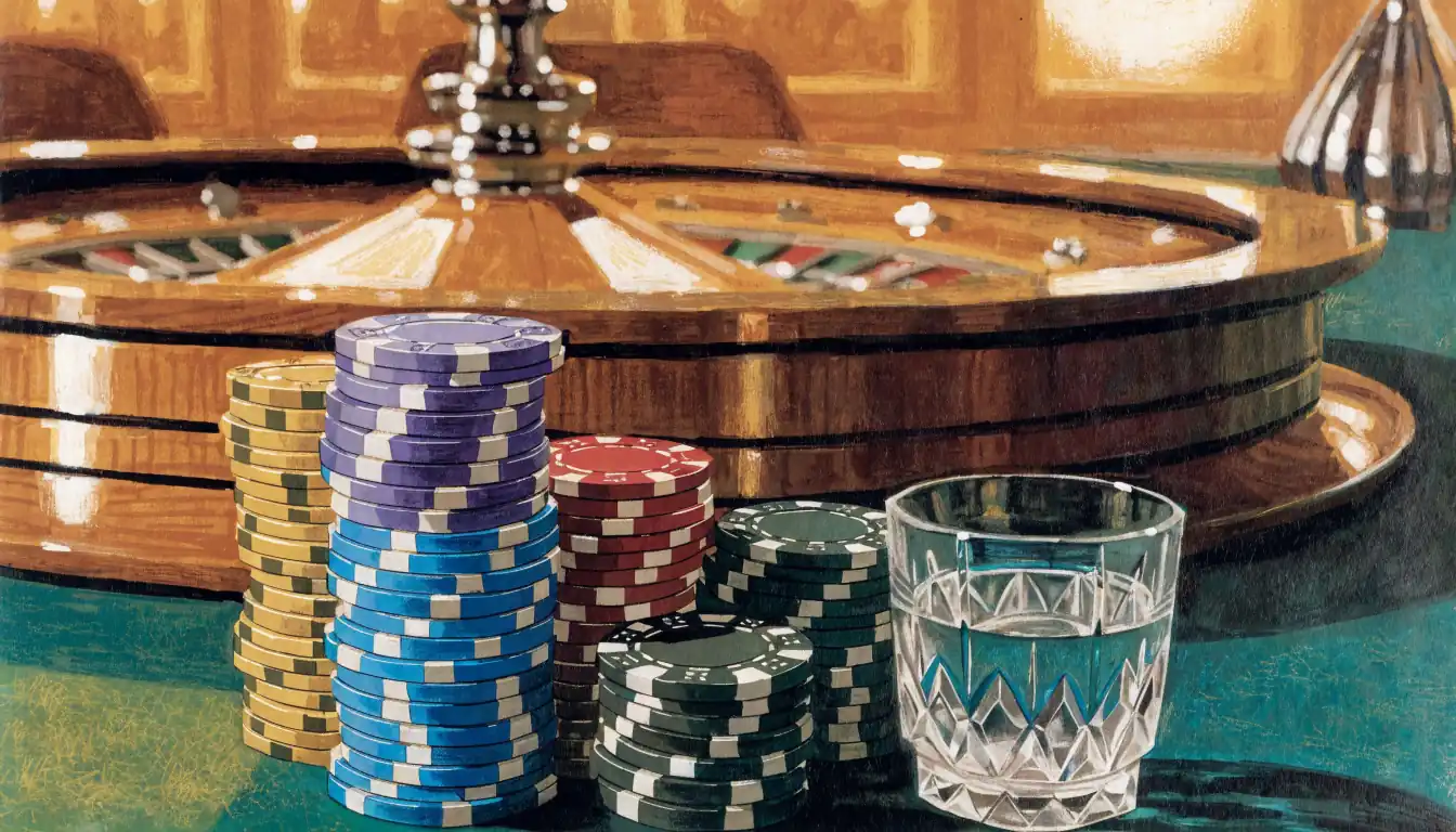 Stapel bunter Casino-Chips auf grünem Filztisch mit Roulette-Rad im Hintergrund