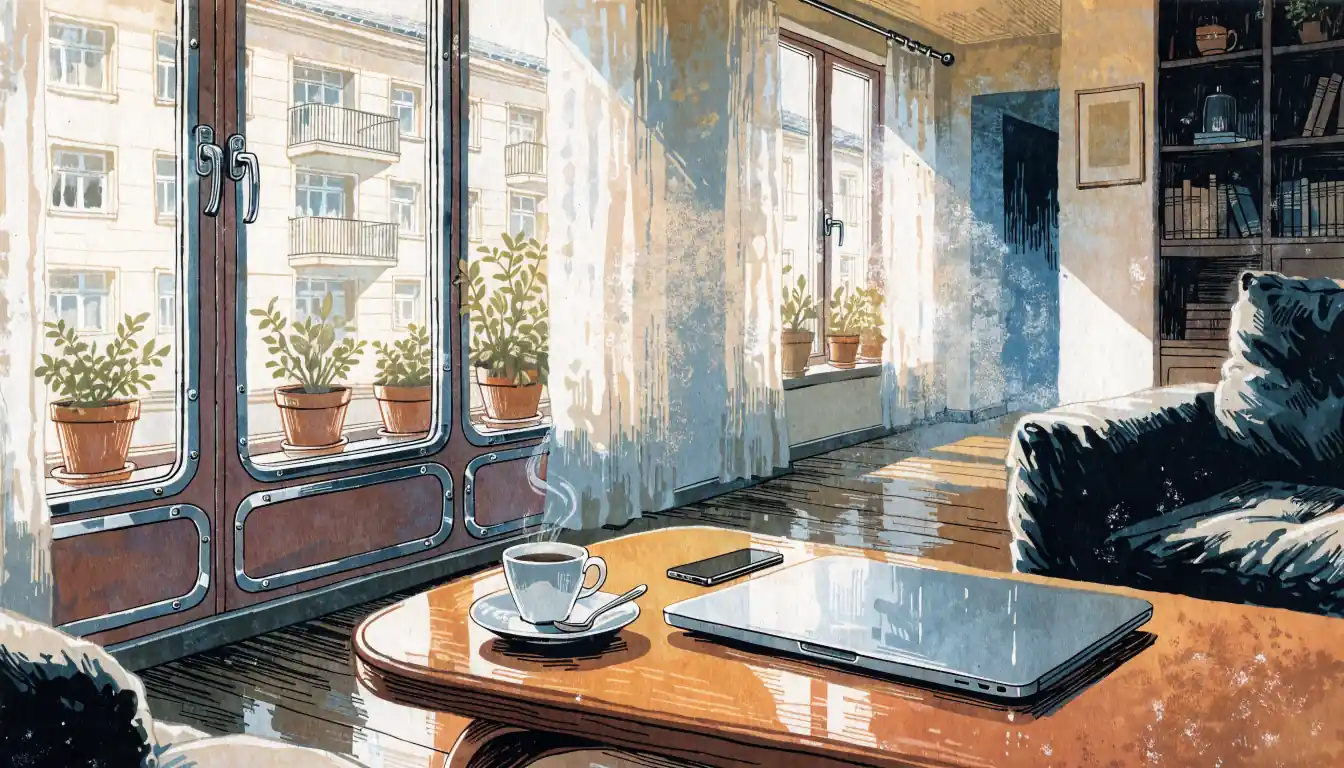 Gemütliches deutsches Wohnzimmer mit geschlossenem Laptop und Kaffeetasse auf dem Tisch