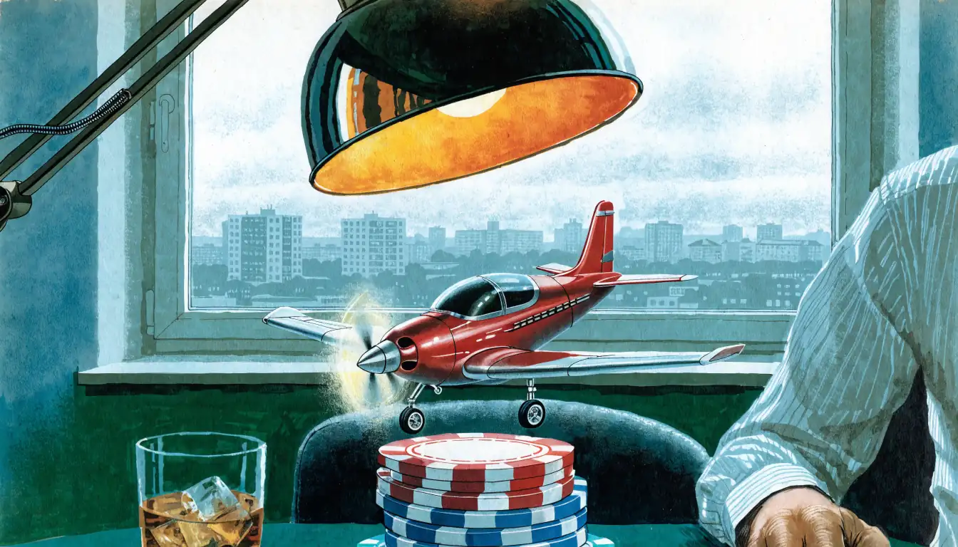 Rotes Spielzeugflugzeug startet von Casino-Chips auf grünem Filztisch, warme Schreibtischlampe, heimische Atmosphäre.