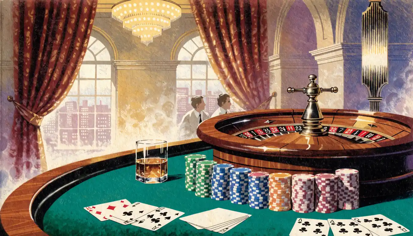 Elegantes europäisches Casino mit Spieltisch, Chips und Rouletterad