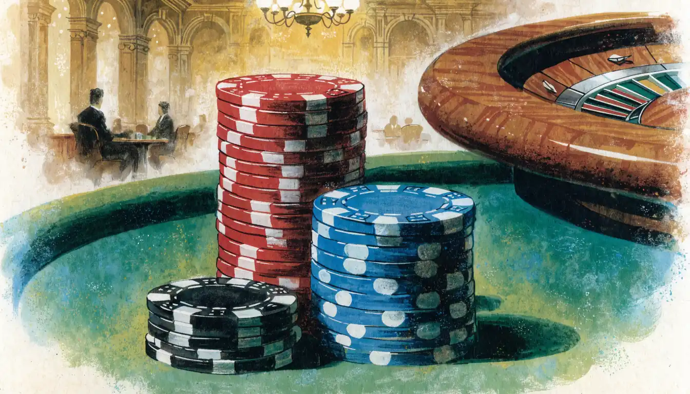 Gestapelte Casino-Chips auf grünem Filztisch mit Roulette-Rad im Hintergrund, warmes Licht