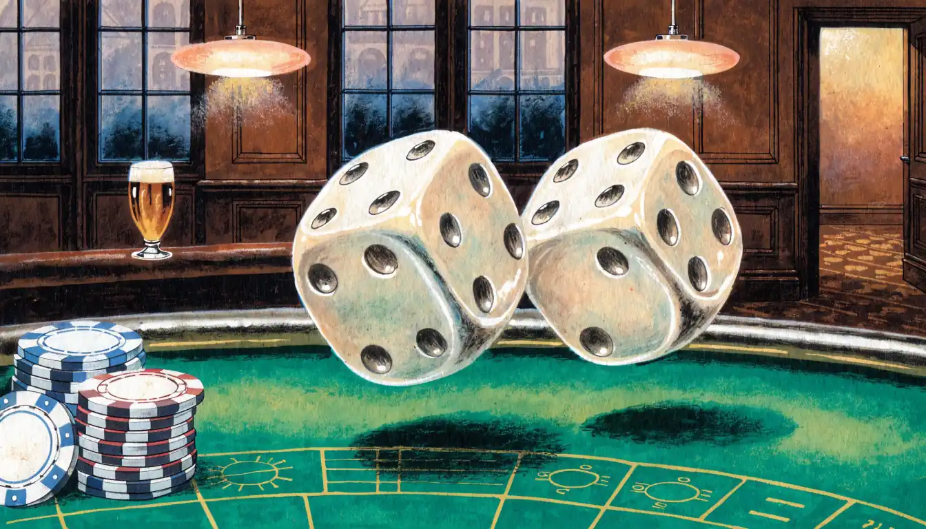 Würfel auf grünem Craps-Tisch mit Casino-Chips in elegantem Spielsaal