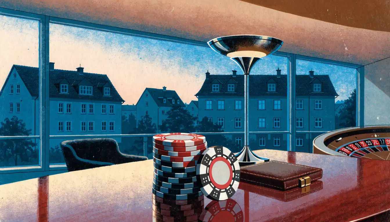 Abendliche Szene mit Casino-Chips, Kartenhalter und Roulette im deutschen Wohnzimmer