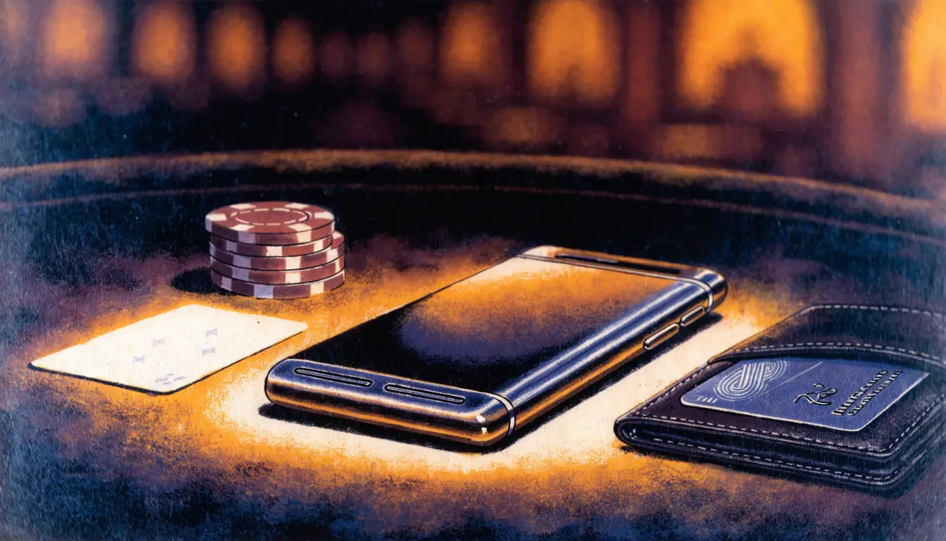 Smartphone auf Spieltisch neben Chips und Spielkarte