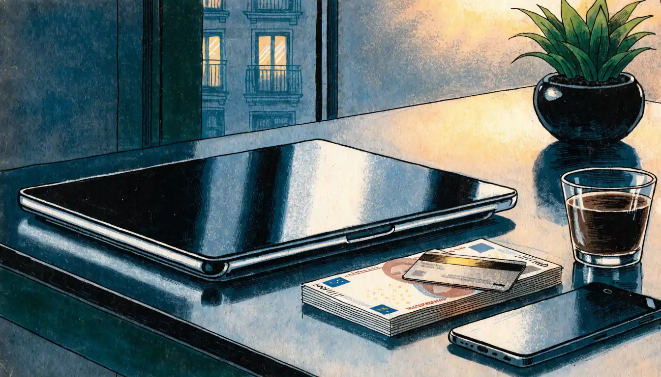 Moderner Schreibtisch in einer deutschen Wohnung mit geschlossenem Laptop, Euro-Scheinen und Smartphone.
