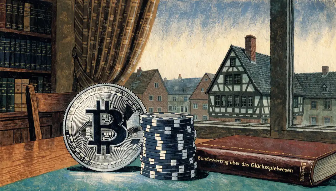 Bitcoin-Münze auf Spieltisch mit Pokerchips und deutschem Glücksspielstaatsvertrag