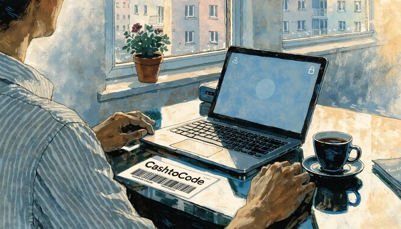 Laptop mit CashtoCode-Beleg auf einem Schreibtisch in einer deutschen Wohnung