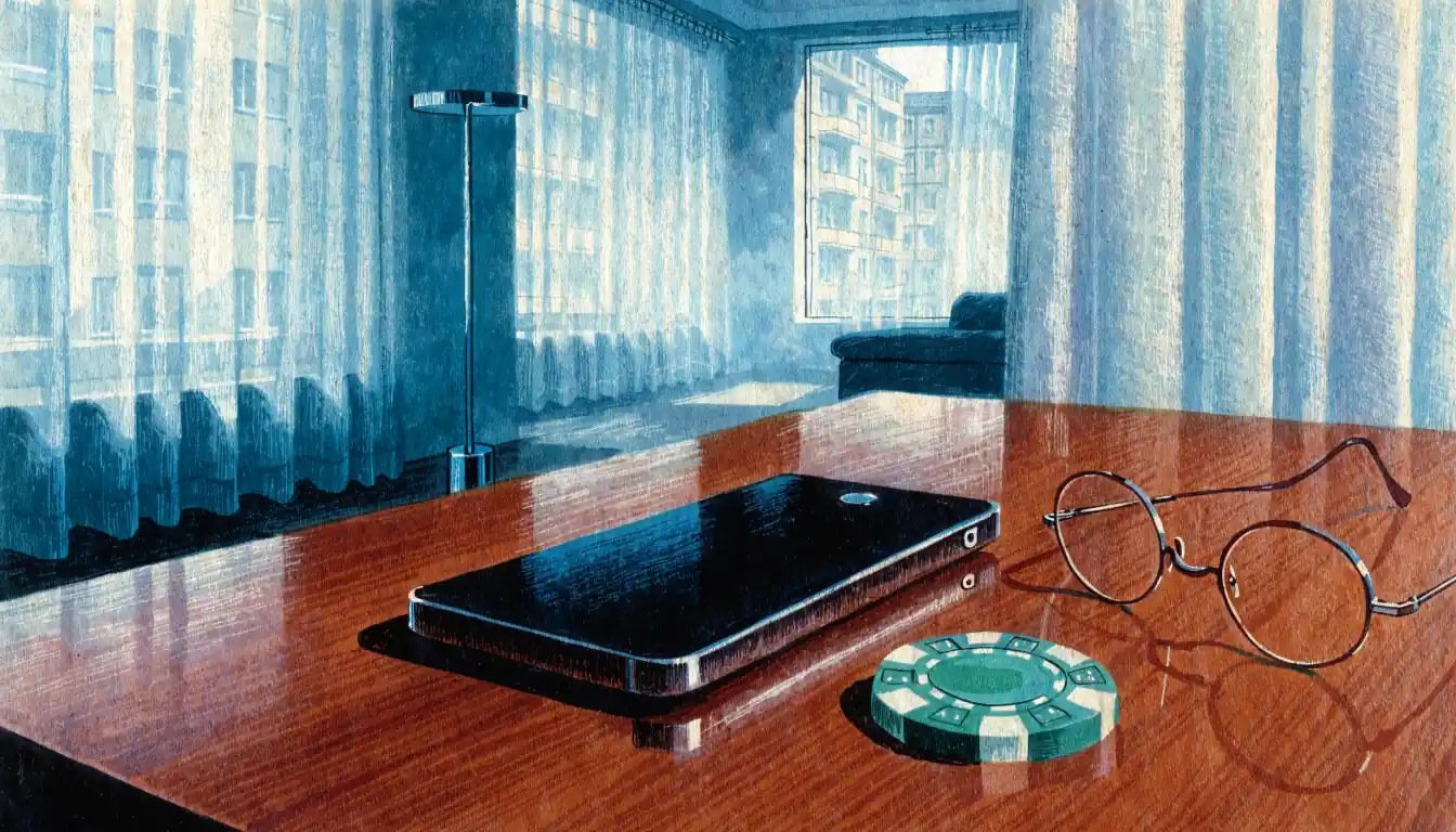 Smartphone mit Casino-Chip auf einem Tisch in einer deutschen Wohnung.