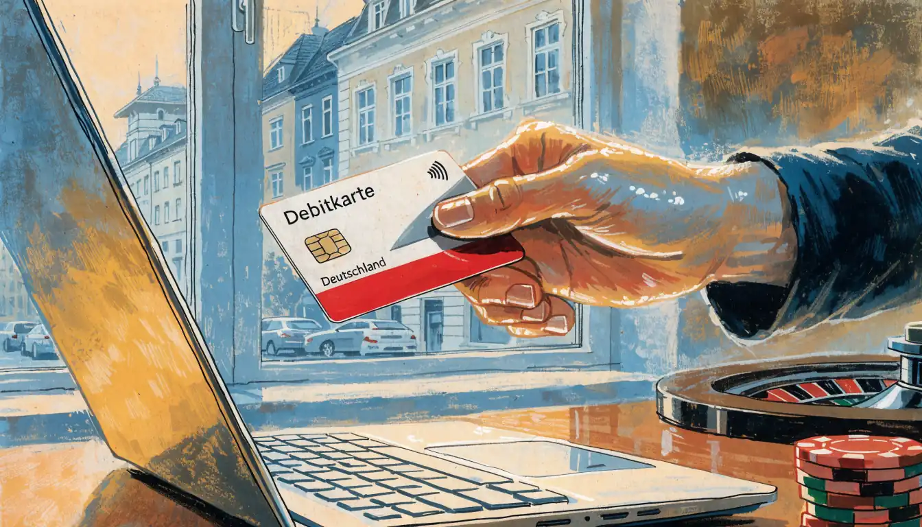 Deutsche Debitkarte neben Laptop mit Pokerchips und Roulette in modernem Wohnzimmer