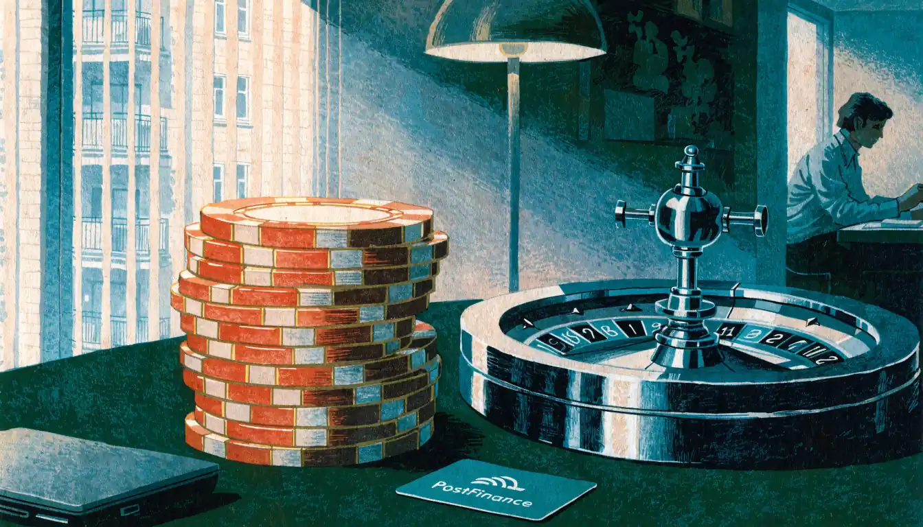 PostFinance-Karte mit Spielchips und Roulette auf einem Tisch in deutscher Wohnung.