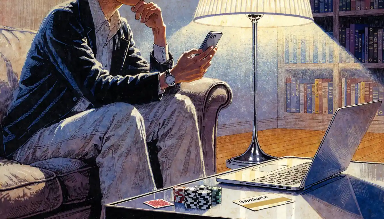 Person im Wohnzimmer mit Smartphone, Laptop, Casino-Chips und Bankkarte auf dem Tisch.