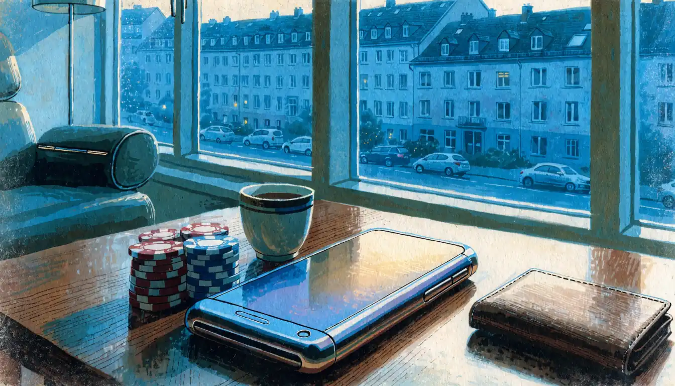 Smartphone, Casino-Chips und Kaffeetasse auf einem Tisch in einer modernen deutschen Wohnung