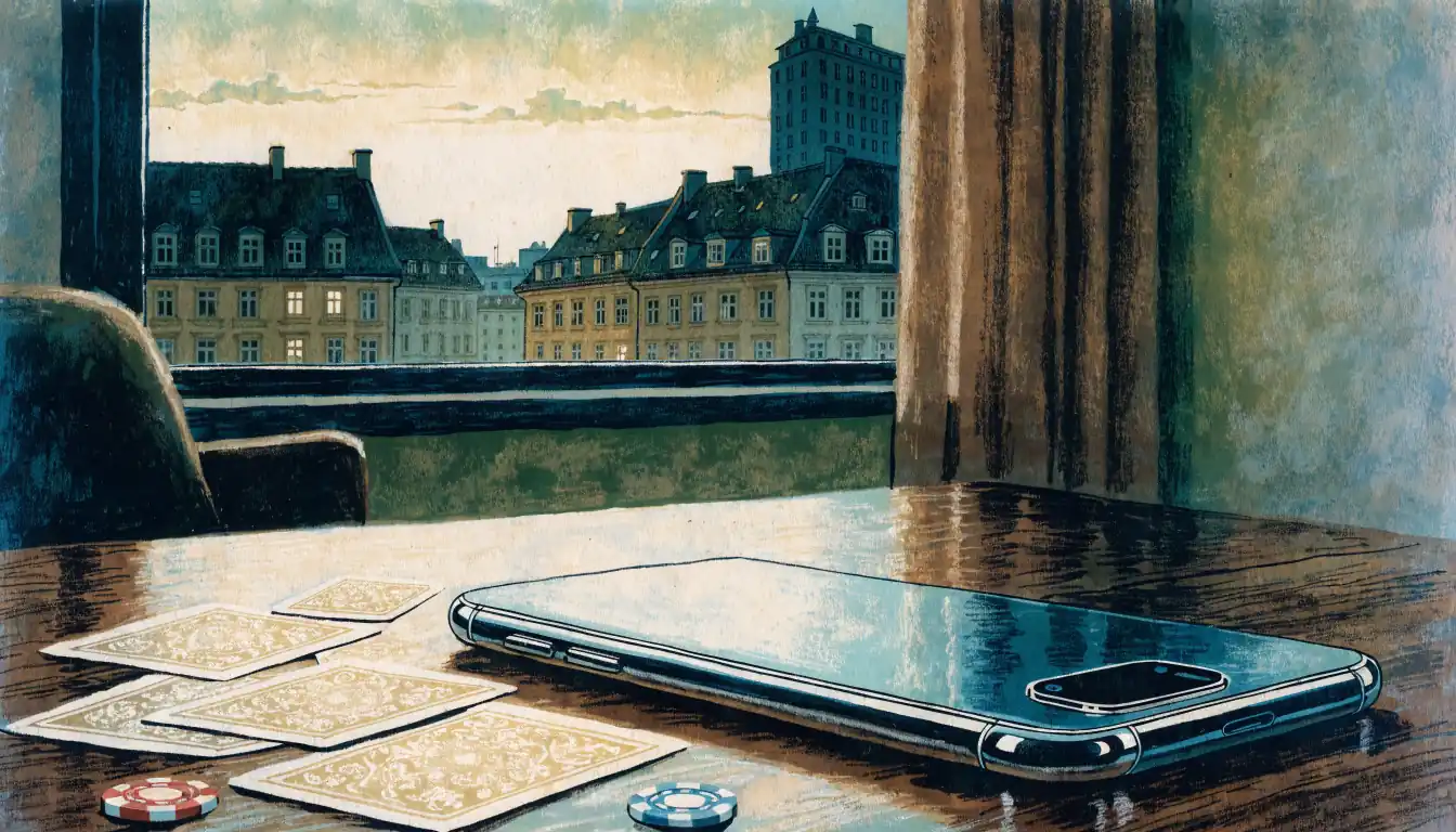 Smartphone mit Spielkarten und Casino-Chips auf einem Tisch in einer deutschen Wohnung.