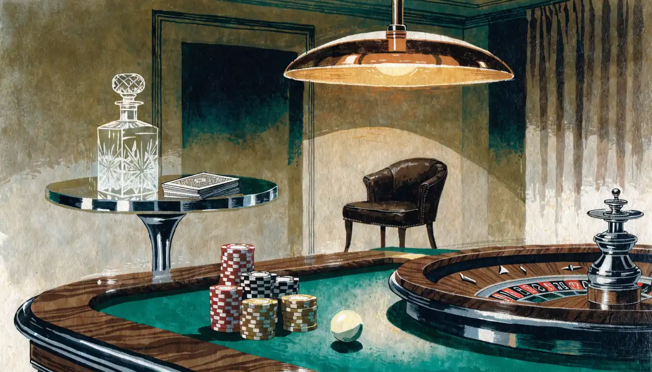 Stilisierte Casino-Lounge mit Roulette-Tisch, Jetons und Kartenspiel unter warmem Licht