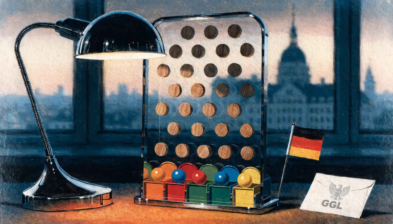 Plinko-Brett mit Kugeln auf Filzunterlage neben GGL-Lizenzsymbol