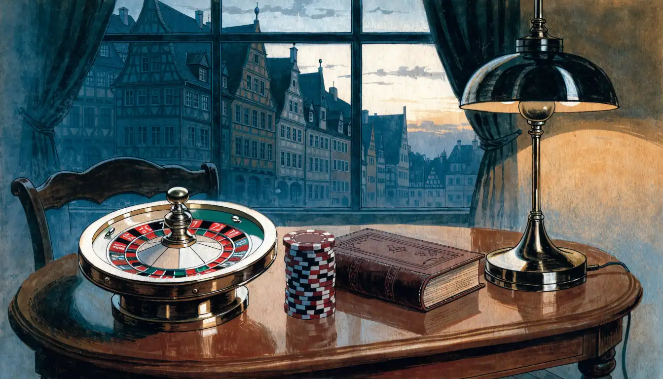 Roulette-Rad, Spielchips und ein Buch auf einem Holztisch in einem deutschen Wohnzimmer bei Abendlicht