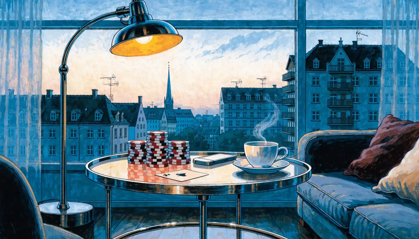 Gemütliches Wohnzimmer mit Casino-Chips, Spielkarte und Smartphone auf dem Tisch bei Abendlicht.