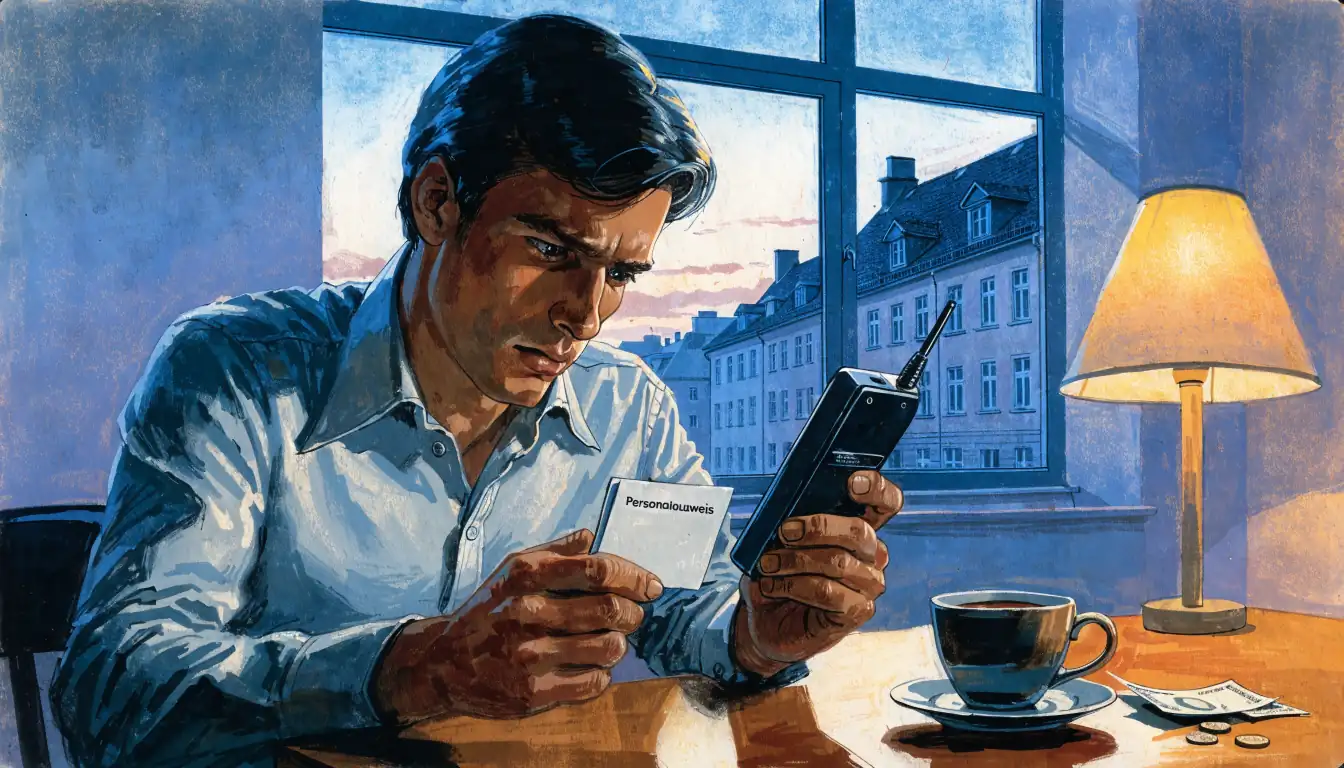 Junger Mann mit Smartphone und deutschem Personalausweis am Tisch mit Euro-Scheinen