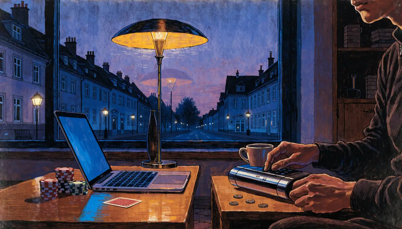 Abendliche Szene in einem deutschen Wohnzimmer mit Laptop, Casino-Chips und Krypto-Wallet auf dem Tisch.