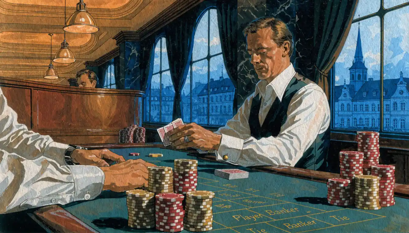 Eleganter Baccarat-Tisch mit Karten und Chips vor einer Fensterfront mit deutschem Stadtpanorama.