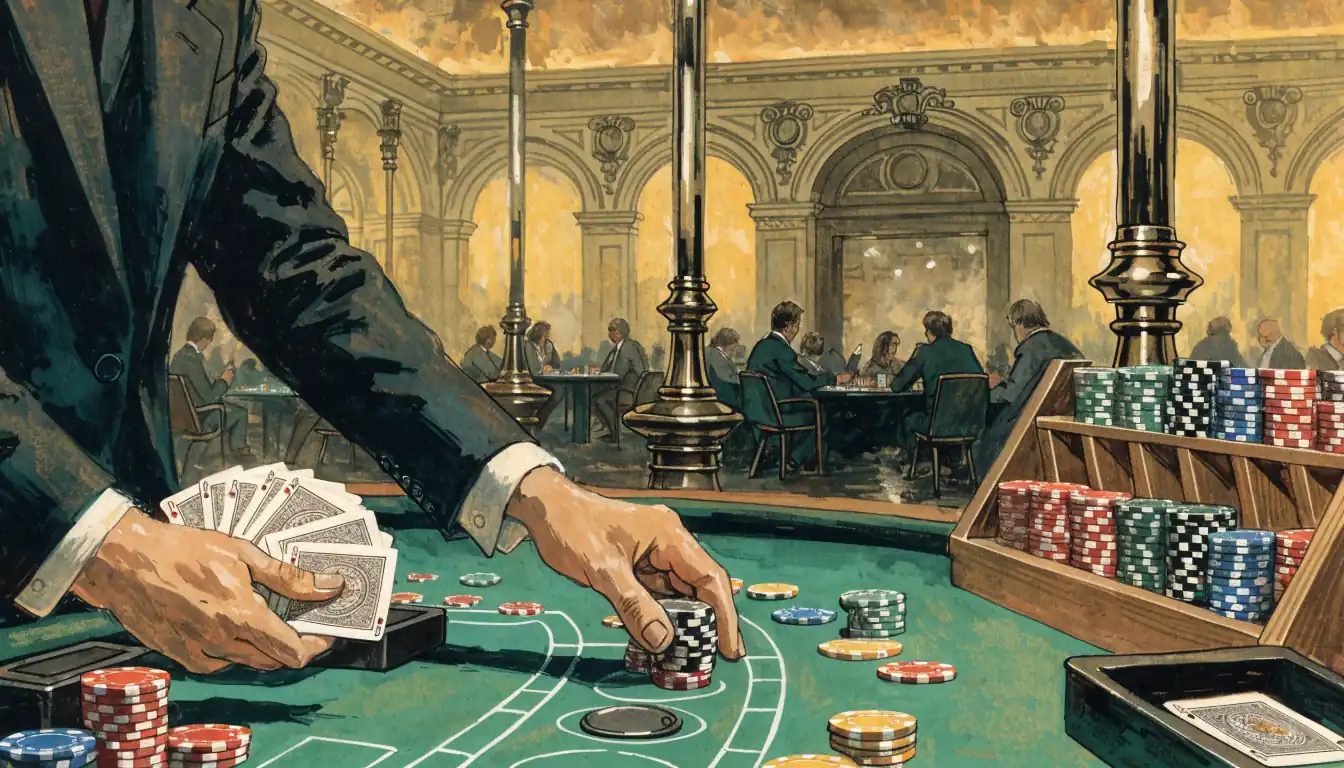 Croupierhände am Blackjack-Tisch mit Chips und Karten in einem eleganten deutschen Casino
