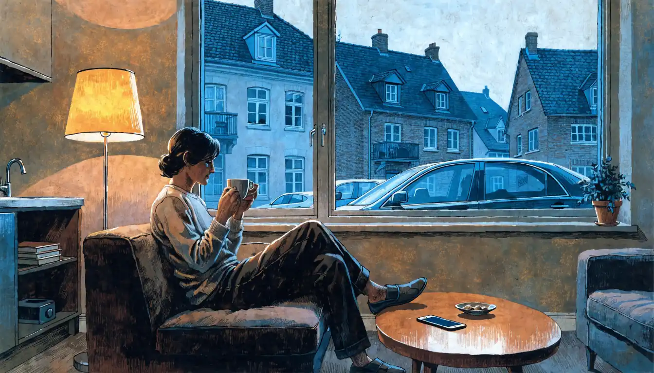 Gemütliches deutsches Wohnzimmer am Abend mit Person auf dem Sofa und Smartphone auf dem Tisch.