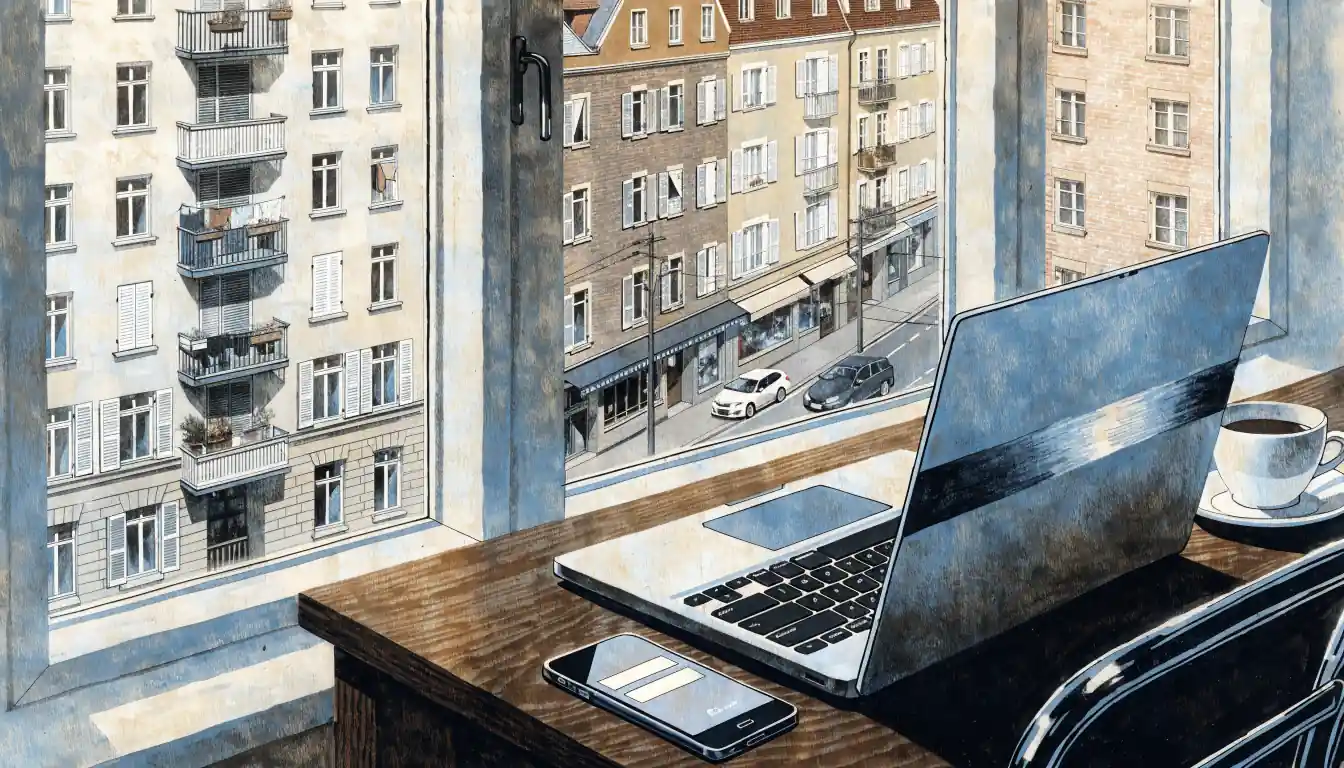 Schreibtisch mit Laptop und Smartphone in deutscher Wohnung
