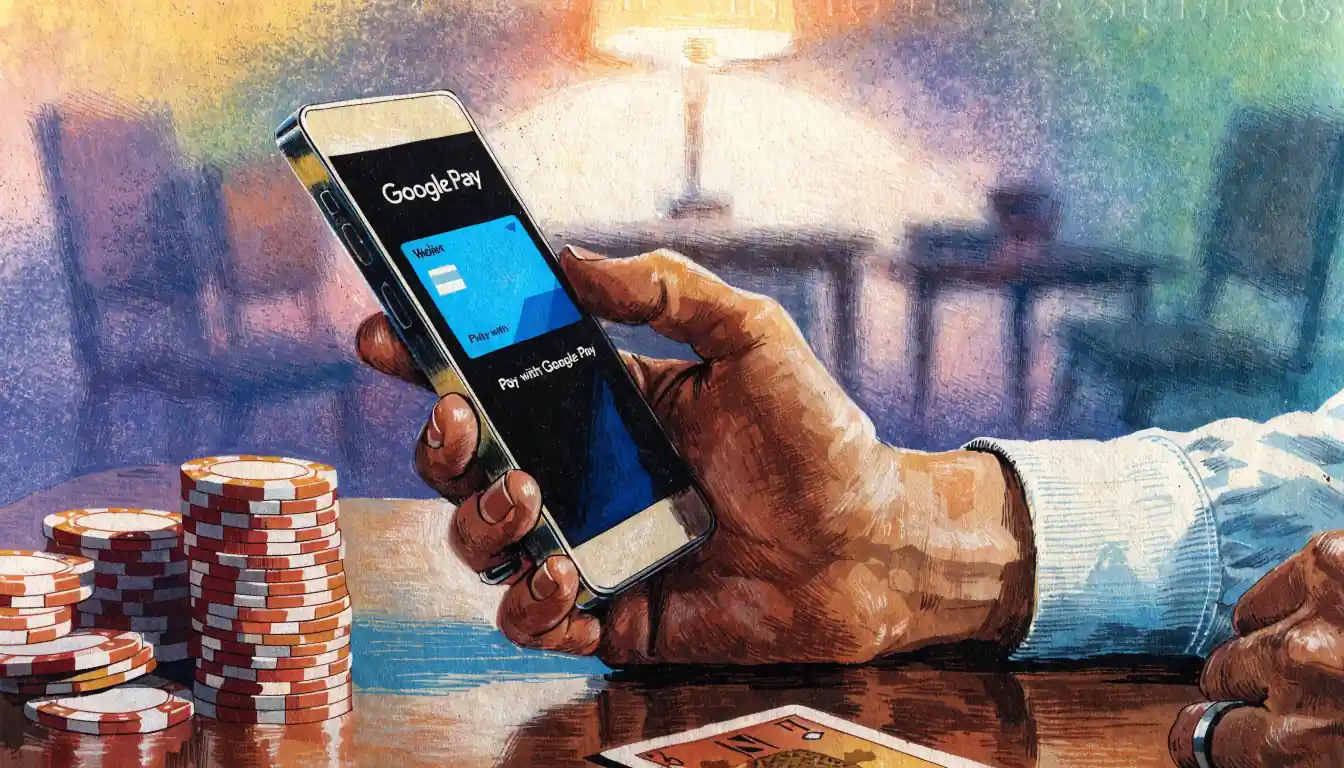 Hand mit Smartphone und Google Pay auf dem Tisch mit Casino-Chips daneben