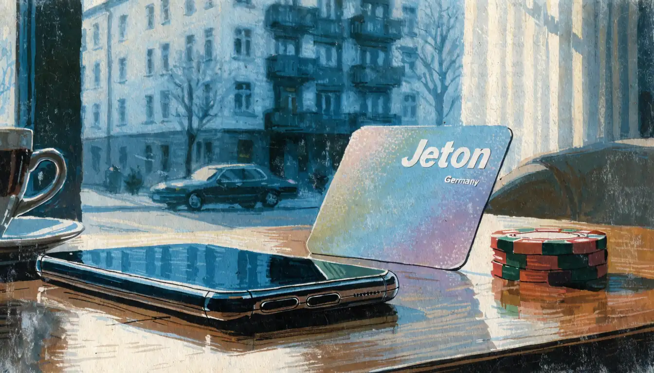 Smartphone, Jeton-Karte und Casino-Chips auf einem Tisch in einer deutschen Wohnung.