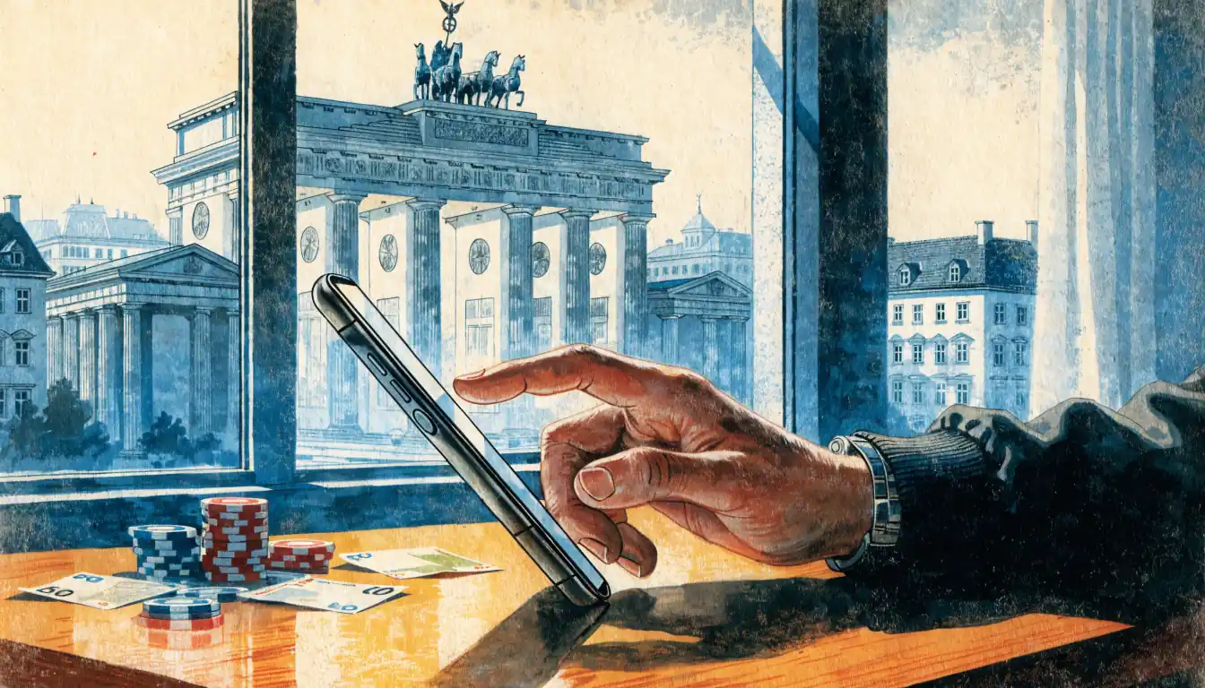 Smartphone, Spielchips und Euro-Banknoten auf einem Tisch in Berlin