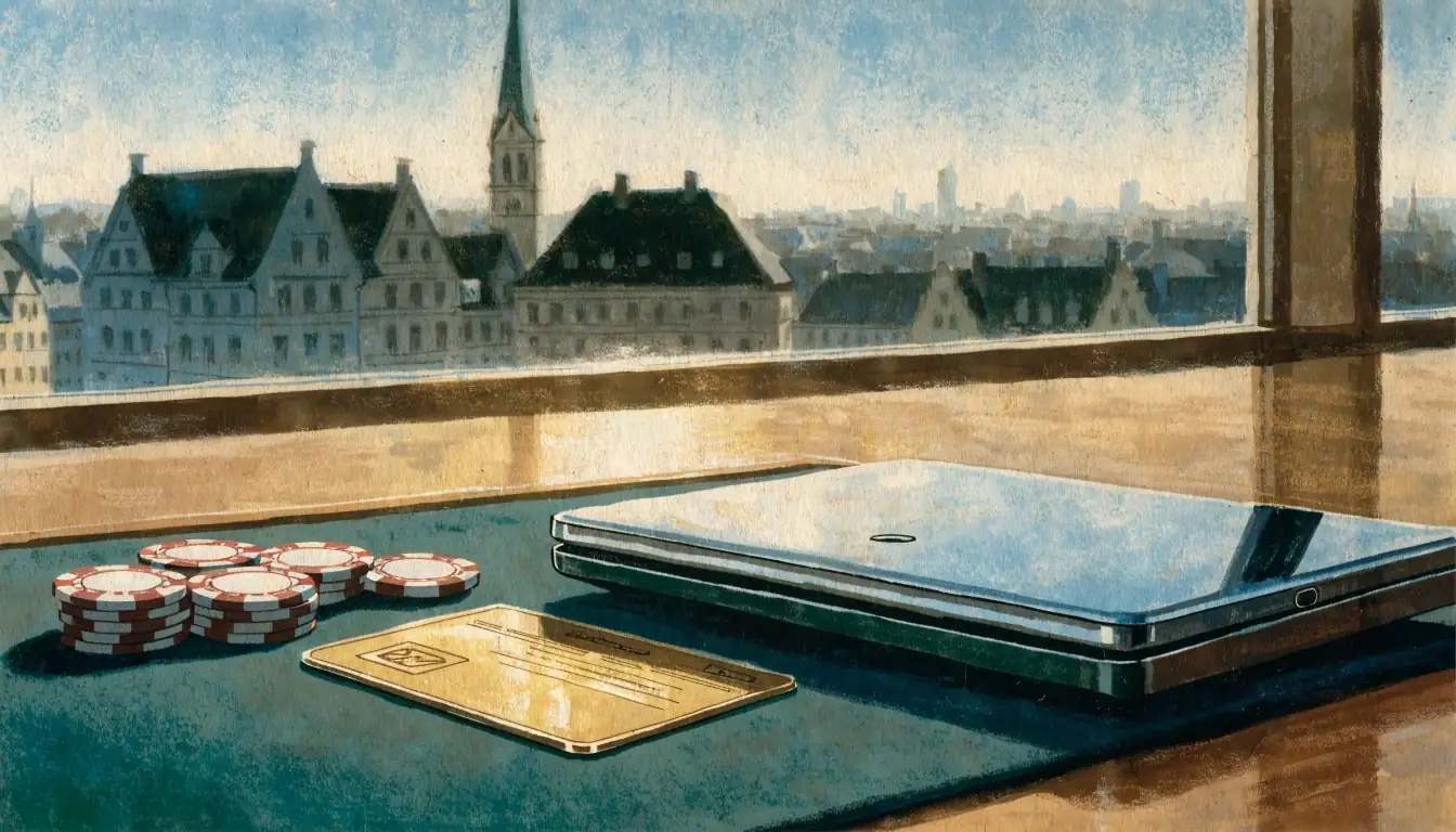 Kreditkarte auf grünem Spieltisch neben Chips, Laptop geschlossen, deutsche Stadtsilhouette im Hintergrund.