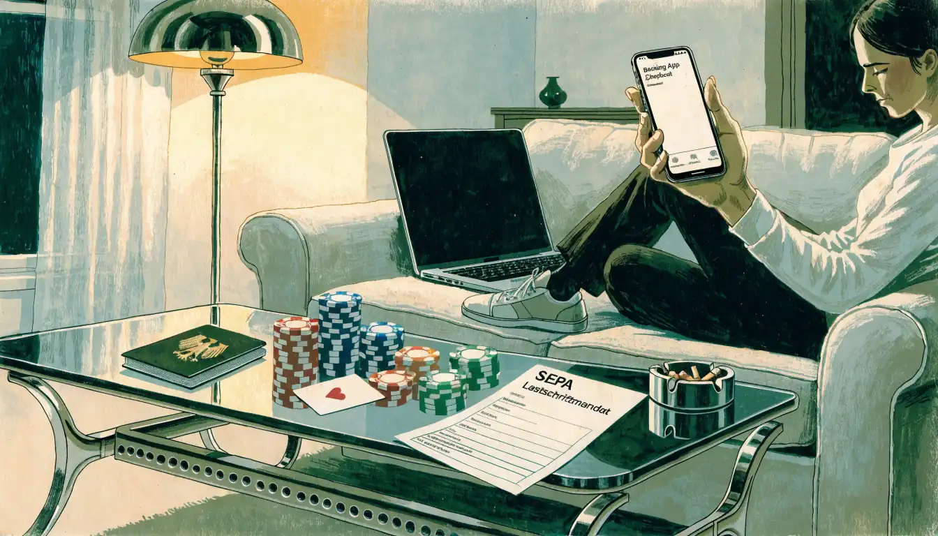 Spieler am Sofa mit Casino-Chips und Lastschrift-Formular