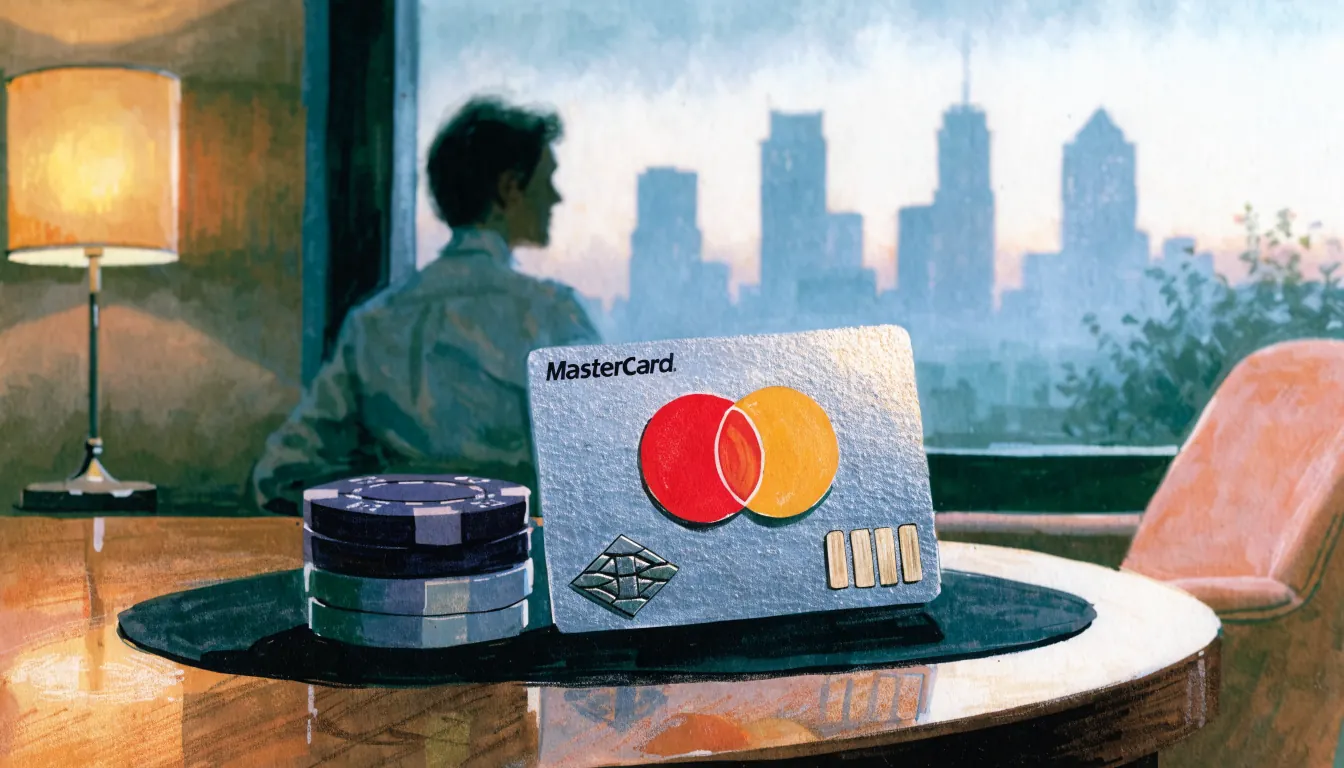 Mastercard-Kreditkarte mit Casino-Chips auf einem Tisch in deutscher Wohnung.