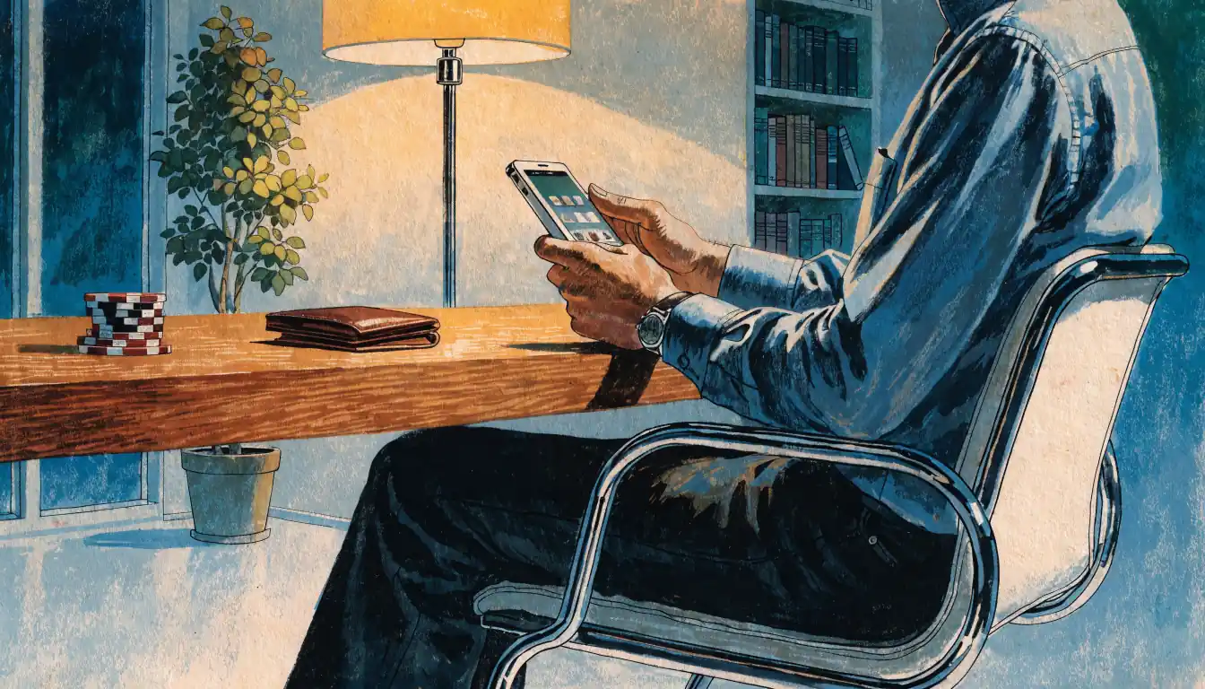 Person mit Smartphone und Casino-Chips am Schreibt in modernem deutschen Apartment