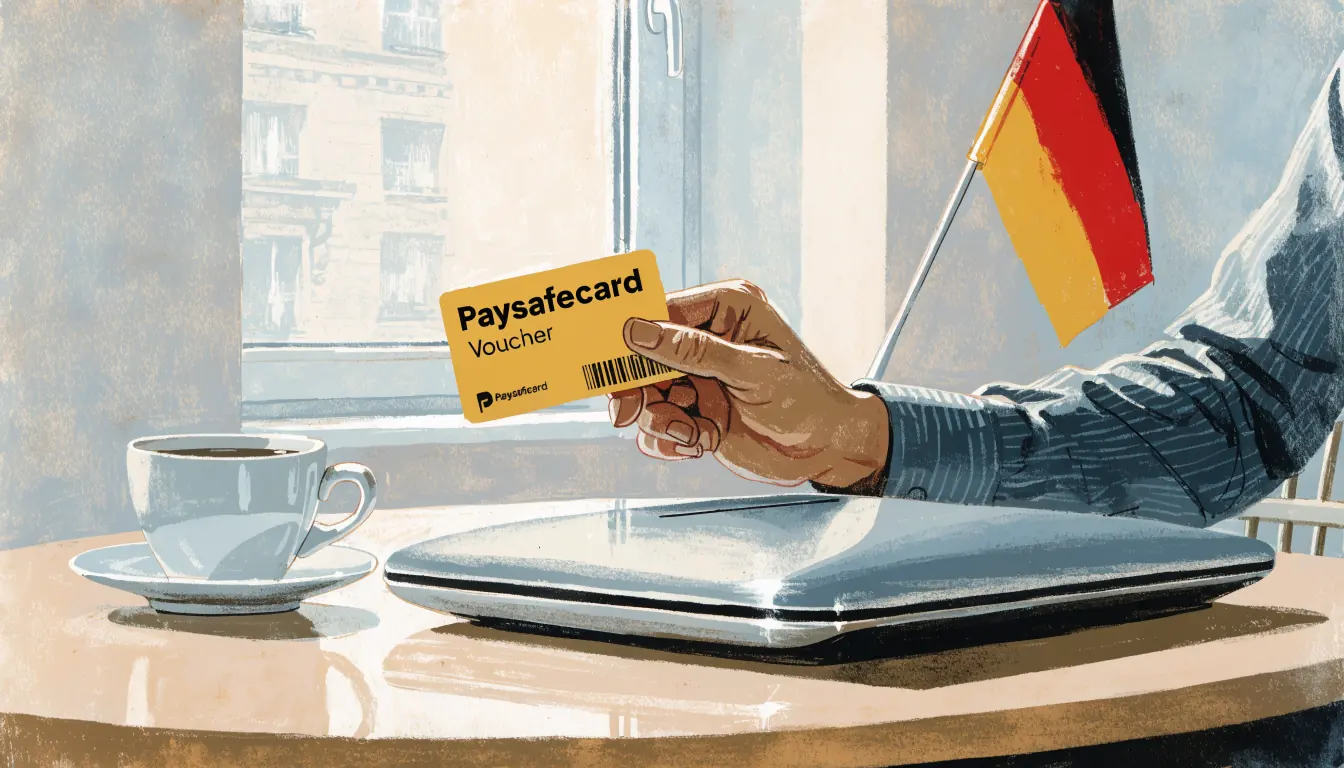 Hand mit gelber Paysafecard neben Laptop auf Tisch, deutscher Innenraum