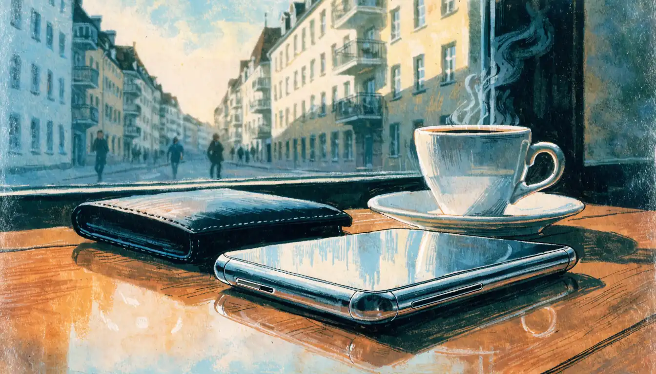 Smartphone mit Geldbörse auf einem Tisch in einem deutschen Café