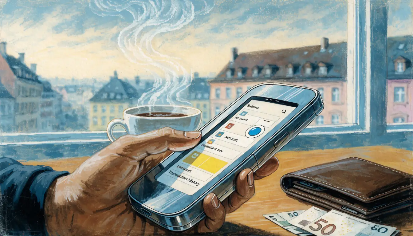 Smartphone mit Banking-App auf Holztisch, Kaffeetasse und Euro-Geldscheine im Hintergrund deutsche Stadt bei Morgenlicht.