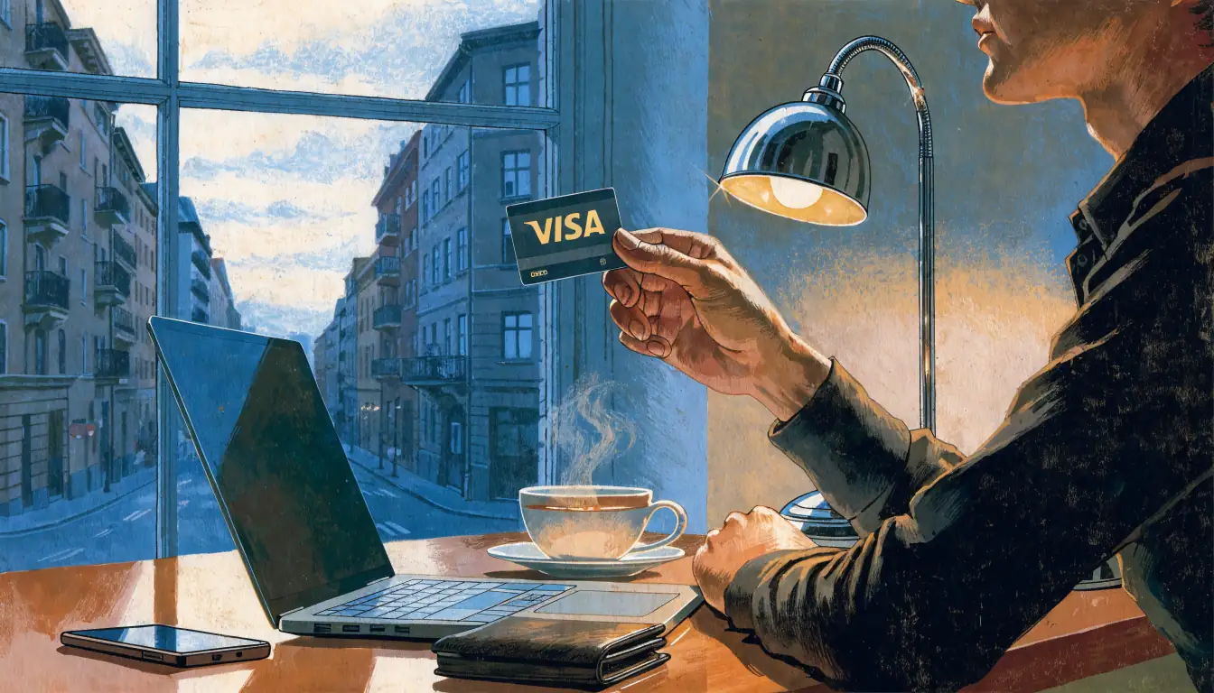 Person hält eine Visa-Karte neben einem Laptop abends am Schreibtisch.
