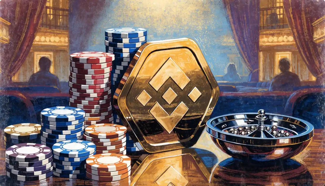 Goldene Kryptomünze mit Casino-Chips und Rouletterad auf einem Tisch.