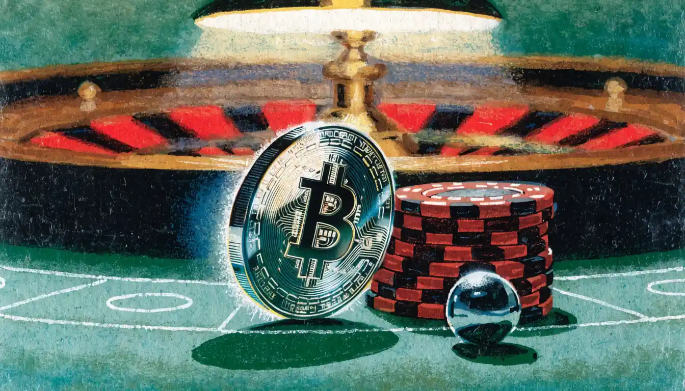 Bitcoin-Cash-Münze auf Casino-Tisch mit Pokerchips und Roulettekugel